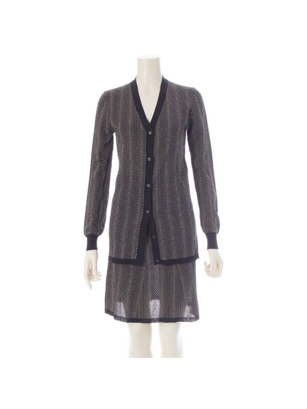 Prada Cotton Zigzag Glitter Knit Skirt Set Archive Cardigan Up Black Gold 38